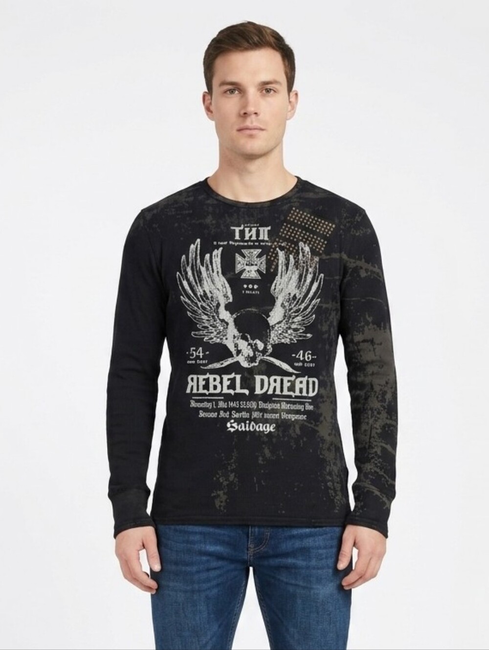 Salvage Rebel Dread Skull Long Sleeve Graphic Shirt Y2K Grunge Biker Large Black